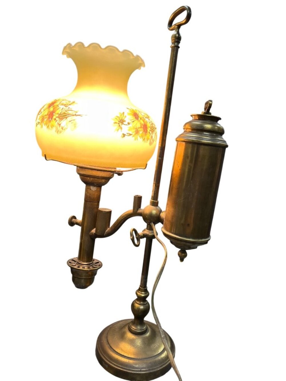 German VTG 21" Brass oil Lamp converted electric/ yellow floral globe SKU 10026
